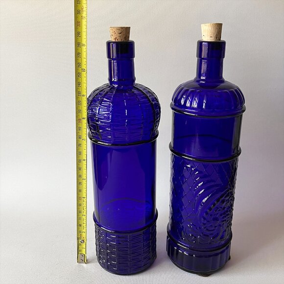 Vintage Cobalt Blue Embossed Glass Bottles with Cork - Pair - Picture 2 of 3
